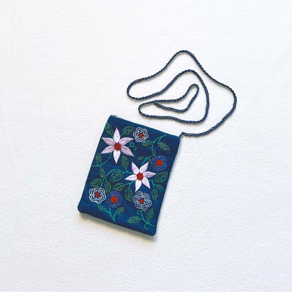 Vintage Denim Beaded Floral Crossbody Bag Boho Unique Handmade Purse Pouch Small